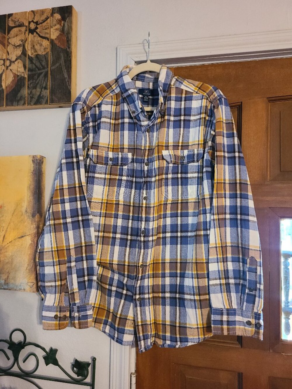 George - Men's Flannel Shirt - Classic Plaid Pattern Blue White Tan Size XL
